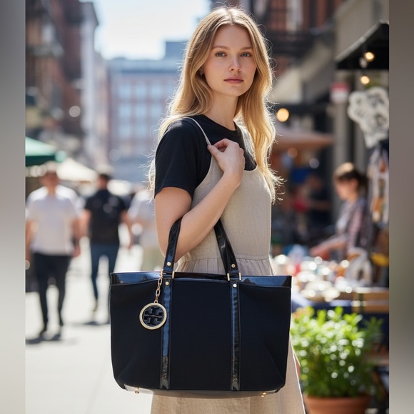 Tory Burch Handbags - TORY BURCH Large Logo Charm Tote Black Canvas Patent Leather EUC